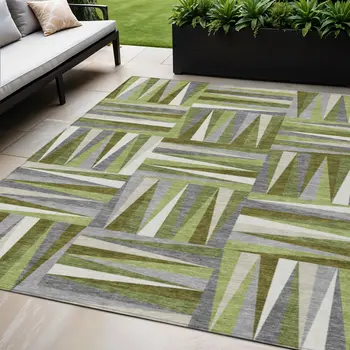 5' X 8' Green Gray And Ivory Geometric Washable Indoor Outdoor Area Rug