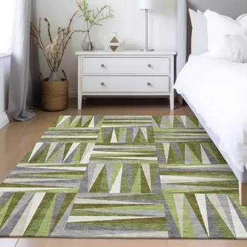 5' X 8' Green Gray And Ivory Geometric Washable Indoor Outdoor Area Rug