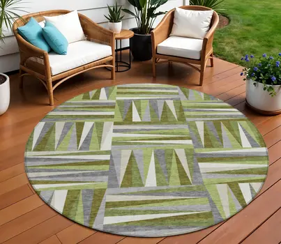 8' Green Gray And Ivory Round Geometric Washable Indoor Outdoor Area Rug