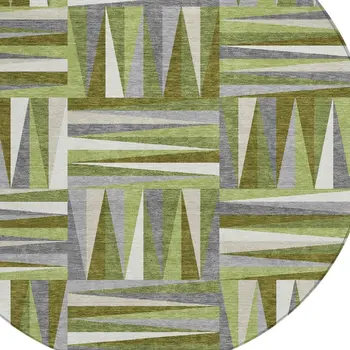 8' Green Gray And Ivory Round Geometric Washable Indoor Outdoor Area Rug