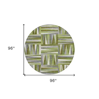 8' Green Gray And Ivory Round Geometric Washable Indoor Outdoor Area Rug