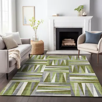 9' X 12' Green Gray And Ivory Geometric Washable Indoor Outdoor Area Rug