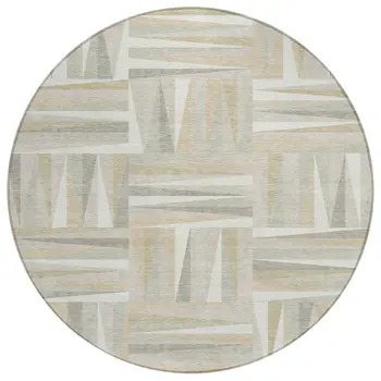 8' Ivory Beige And Gray Round Geometric Washable Indoor Outdoor Area Rug