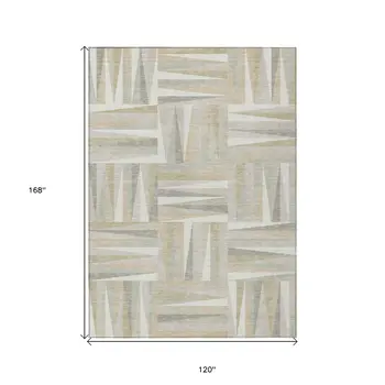 10' X 14' Ivory Beige And Gray Geometric Washable Indoor Outdoor Area Rug