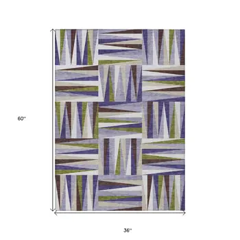 3' X 5' Lavender Brown And Green Geometric Washable Indoor Outdoor Area Rug