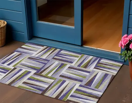 3' X 5' Lavender Brown And Green Geometric Washable Indoor Outdoor Area Rug