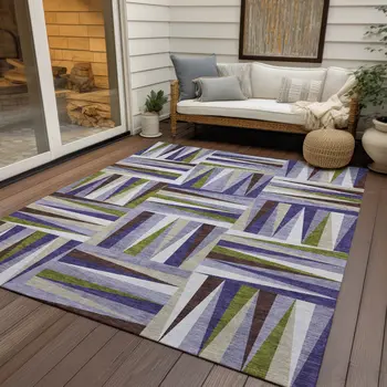 3' X 5' Lavender Brown And Green Geometric Washable Indoor Outdoor Area Rug