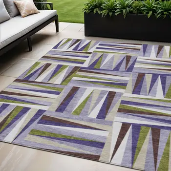 5' X 8' Lavender Brown And Green Geometric Washable Indoor Outdoor Area Rug