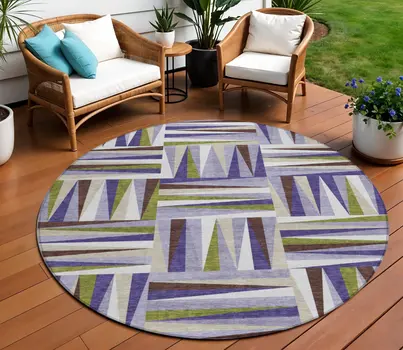 8' Lavender Brown And Green Round Geometric Washable Indoor Outdoor Area Rug