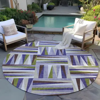 8' Lavender Brown And Green Round Geometric Washable Indoor Outdoor Area Rug