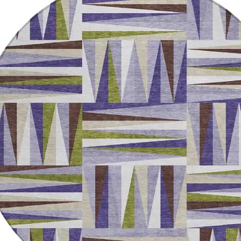 8' Lavender Brown And Green Round Geometric Washable Indoor Outdoor Area Rug