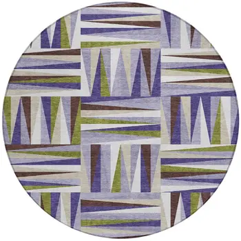 8' Lavender Brown And Green Round Geometric Washable Indoor Outdoor Area Rug
