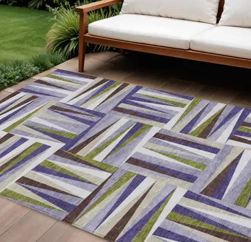 8' X 10' Lavender Brown And Green Geometric Washable Indoor Outdoor Area Rug