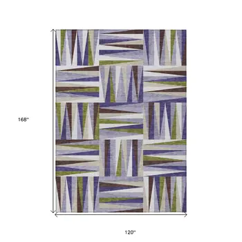 10' X 14' Lavender Brown And Green Geometric Washable Indoor Outdoor Area Rug