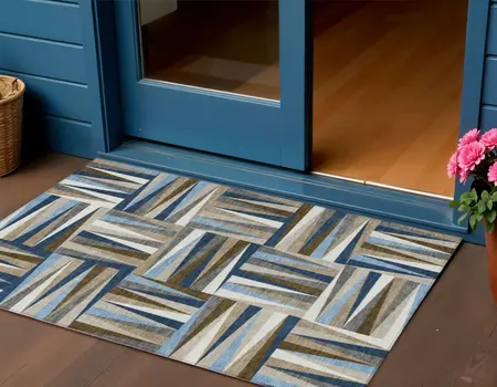 3' X 5' Navy Blue Brown And Beige Geometric Washable Indoor Outdoor Area Rug