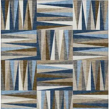 5' X 8' Navy Blue Brown And Beige Geometric Washable Indoor Outdoor Area Rug