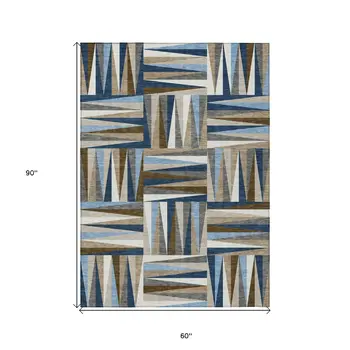 5' X 8' Navy Blue Brown And Beige Geometric Washable Indoor Outdoor Area Rug