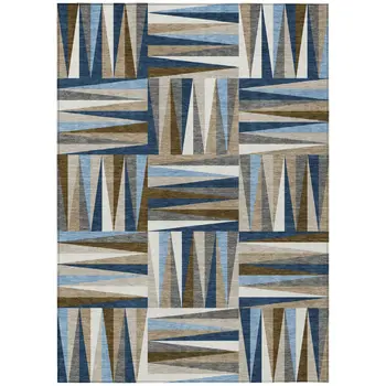 5' X 8' Navy Blue Brown And Beige Geometric Washable Indoor Outdoor Area Rug