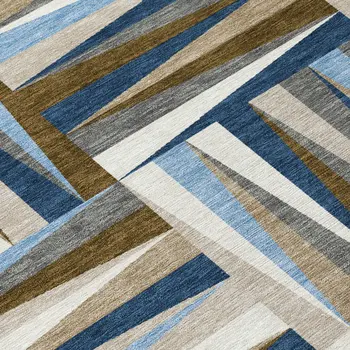 5' X 8' Navy Blue Brown And Beige Geometric Washable Indoor Outdoor Area Rug