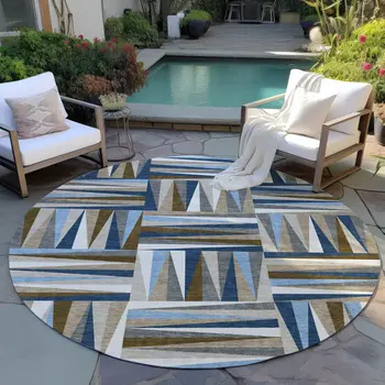 8' Navy Blue Brown And Beige Round Geometric Washable Indoor Outdoor Area Rug