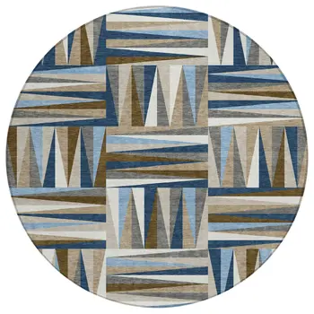 8' Navy Blue Brown And Beige Round Geometric Washable Indoor Outdoor Area Rug