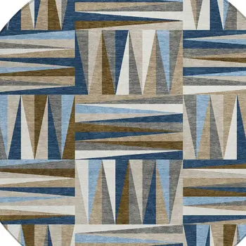 8' Navy Blue Brown And Beige Round Geometric Washable Indoor Outdoor Area Rug