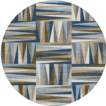 8' Navy Blue Brown And Beige Round Geometric Washable Indoor Outdoor Area Rug