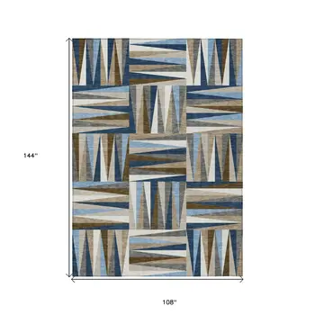 9' X 12' Navy Blue Brown And Beige Geometric Washable Indoor Outdoor Area Rug