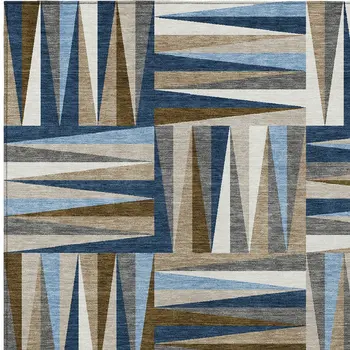 9' X 12' Navy Blue Brown And Beige Geometric Washable Indoor Outdoor Area Rug
