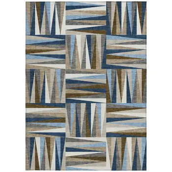 10' X 14' Navy Blue Brown And Beige Geometric Washable Indoor Outdoor Area Rug