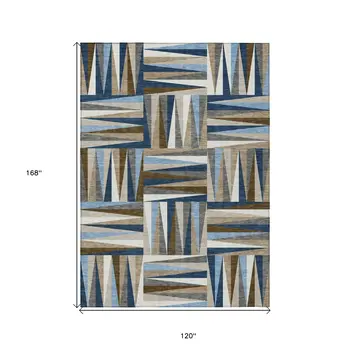 10' X 14' Navy Blue Brown And Beige Geometric Washable Indoor Outdoor Area Rug