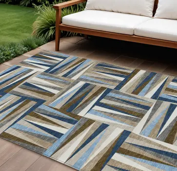 10' X 14' Navy Blue Brown And Beige Geometric Washable Indoor Outdoor Area Rug