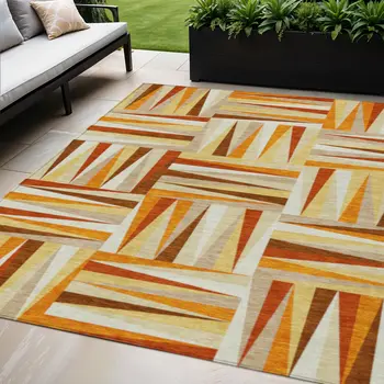 5' X 8' Orange Geometric Washable Indoor Outdoor Area Rug