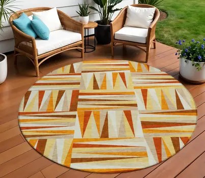 8' Orange Ivory And Copper Round Geometric Washable Indoor Outdoor Area Rug