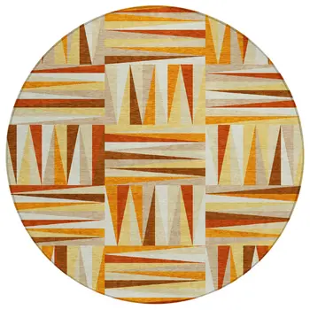 8' Orange Ivory And Copper Round Geometric Washable Indoor Outdoor Area Rug