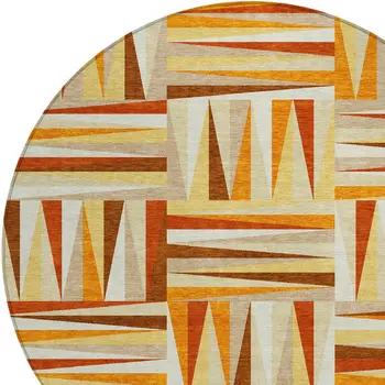 8' Orange Ivory And Copper Round Geometric Washable Indoor Outdoor Area Rug