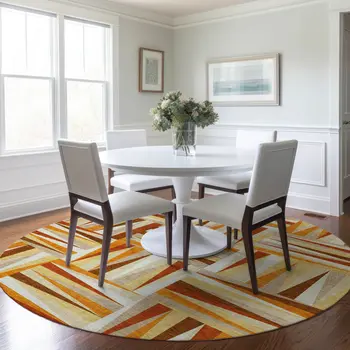 8' Orange Ivory And Copper Round Geometric Washable Indoor Outdoor Area Rug