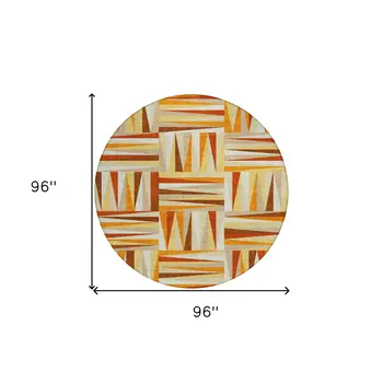 8' Orange Ivory And Copper Round Geometric Washable Indoor Outdoor Area Rug