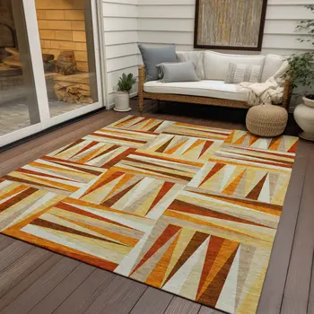 9' X 12' Orange Geometric Washable Indoor Outdoor Area Rug