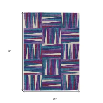 3' X 5' Purple Ivory And Teal Blue Geometric Washable Indoor Outdoor Area Rug