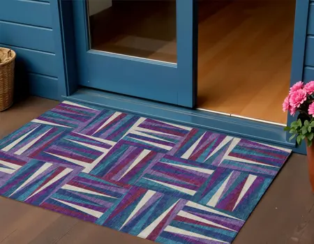 3' X 5' Purple Ivory And Teal Blue Geometric Washable Indoor Outdoor Area Rug