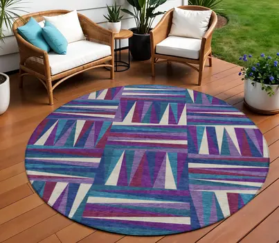 8' Purple Ivory And Teal Blue Round Geometric Washable Indoor Outdoor Area Rug