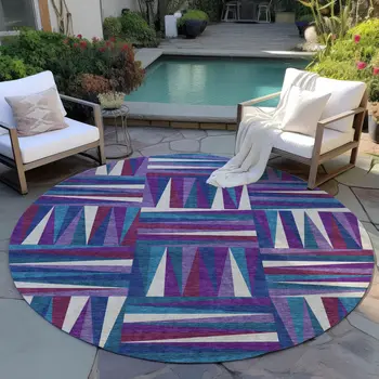 8' Purple Ivory And Teal Blue Round Geometric Washable Indoor Outdoor Area Rug