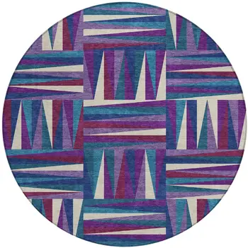 8' Purple Ivory And Teal Blue Round Geometric Washable Indoor Outdoor Area Rug