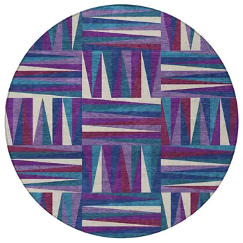 8' Purple Ivory And Teal Blue Round Geometric Washable Indoor Outdoor Area Rug