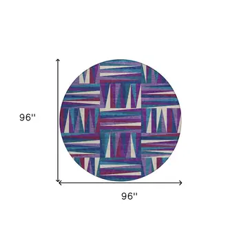 8' Purple Ivory And Teal Blue Round Geometric Washable Indoor Outdoor Area Rug