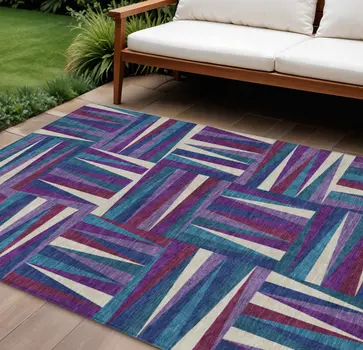 10' X 14' Purple Ivory And Teal Blue Geometric Washable Indoor Outdoor Area Rug
