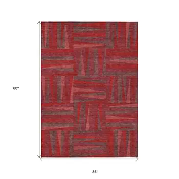 3' X 5' Red And Brown Geometric Washable Indoor Outdoor Area Rug