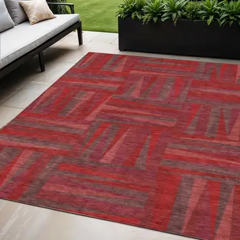 5' X 8' Red And Brown Geometric Washable Indoor Outdoor Area Rug
