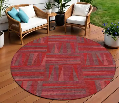 8' Red And Brown Round Geometric Washable Indoor Outdoor Area Rug
